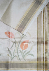 Ivory Beige & Peach Orange - Raaga - Lightweight Semi Tussar Saree with Tulip Flower Petite Embroidery and Zari Border - Best for Wedding Functions