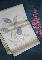 Ivory Beige & Grey - Raaga - Lightweight Semi Tussar Saree with Tulip Flower Petite Embroidery and Zari Border - Best for Wedding Functions