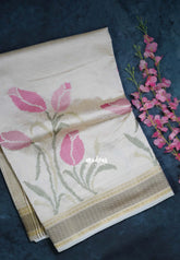 Ivory Beige & Pink - Raaga - Lightweight Semi Tussar Saree with Tulip Flower Petite Embroidery and Zari Border - Best for Wedding Functions