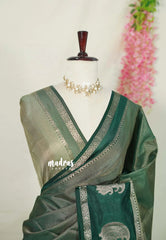 Golden Shade Emerald Green - Raaga - Semi Tussar Saree with Tissue Weaving Body - Best for Small Functions