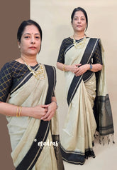 Creamy Elegance -  Mayuri -  Jute Tussar Silk Saree with Rettapetta Small Zari Border