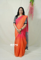 (PRE-BOOKING) Strawberry Orange Popsicle - Linen Cotton Saree with Gradient Ombre tone with Stripes Pallu and Blouse - Perfect for Office Wear | Summer wear | Casual Wear
