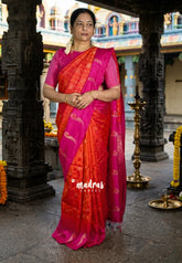Sunset Orange - Kanimozhi - Soft Silk Saree with Zari Stripes and Peacock Buttas - Perfect for Festive Wear