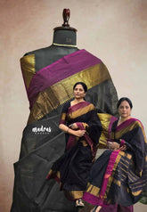 Classic Kanchi cotton with double border with blouse - Black