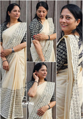 Halfwhite with Black blouse - Sowmiya - Organic Bamboo Cotton with semmozhi tamil handblock print