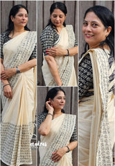 Halfwhite with Black blouse - Sowmiya - Organic Bamboo Cotton with semmozhi tamil handblock print