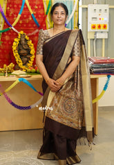 Brown - Roopa - Premium Chappa semi tussar with Madhubani art pallu