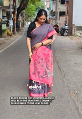 Black - Linen Cotton Saree Checks Body with Small Border - Best for Office Wear