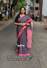 Black - Linen Cotton Saree Checks Body with Small Border - Best for Office Wear
