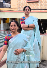 Mint Ice Green - Soft linen cotton saree with madras checks double blouse combo - Perfect for Office Wear