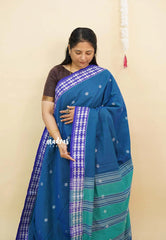 Peacock blue - Premium Assam khadi cotton with handwoven buttas and pallu