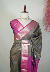 Olive Brown Shade - Ramyam - Soft Jute Banarasi Silk with Contrast Pallu and Blouse - Perfect for Pooja Functions