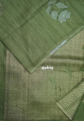 Olive Sage Green - Ramyam - Jute Silk Borderless Saree Podi Kattam & Floral Weaving Buttas - Perfect for Corporate Wear | Casual Wear