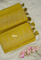 Greenish Yellow - Raaga - Raw Mango Tussar Silk with Stripe Temple Border and Piping - Best for Pooja Days