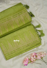 Light Green - Raaga - Raw Mango Tussar Silk with Stripe Temple Border and Piping - Best for Pooja Days