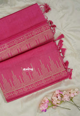 Pink - Raaga - Raw Mango Tussar Silk with Stripe Temple Border and Piping - Best for Pooja Days
