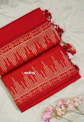 Classic Red - Raaga - Raw Mango Tussar Silk with Stripe Temple Border and Piping - Best for Pooja Days
