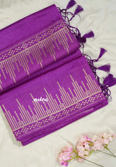 Magenta Purple - Raaga - Raw Mango Tussar Silk with Stripe Temple Border and Piping - Best for Pooja Days
