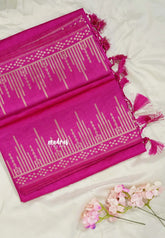 Fuchsia Pink - Raaga - Raw Mango Tussar Silk with Stripe Temple Border and Piping - Best for Pooja Days