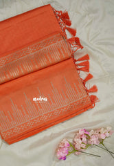 Peach Orange - Raaga - Raw Mango Tussar Silk with Stripe Temple Border and Piping - Best for Pooja Days