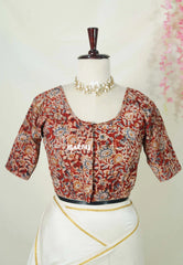 Maroon-Red - Stretchable Fabric = Stress-Free Fit ✨ Lycra Cotton Readymade Kalamkari printed Blouse – Perfect Fit Comfort