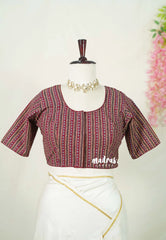 Wine Maroon - Aazhi - Pure cotton Ajrakh Readymade Stripes pattern Blouse with High Neck | summer friendly | suitable for cotton | Mul cotton sarees