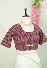 Wine Maroon - Aazhi - Pure cotton Ajrakh Readymade Stripes pattern Blouse with High Neck | summer friendly | suitable for cotton | Mul cotton sarees
