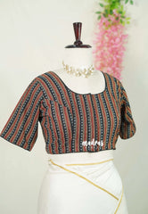 Black - Aazhi - Pure cotton Ajrakh Readymade Stripes pattern Blouse with High Neck | summer friendly | suitable for cotton | Mul cotton sarees