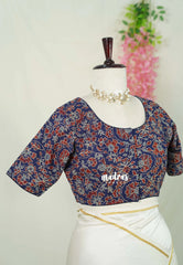 Deep Blue - Aazhi - Pure cotton Ajrakh Readymade Floral Printed Blouse with High Neck | summer friendly | suitable for cotton | Mul cotton sarees