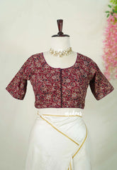 Beet Pink - Aazhi - Pure cotton Ajrakh Readymade Floral Printed Blouse with High Neck | summer friendly | suitable for cotton | Mul cotton sarees