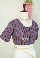 Indigo Blue - Aazhi - Pure cotton Ajrakh Readymade Stripes pattern Blouse with High Neck | summer friendly | suitable for cotton | Mul cotton sarees