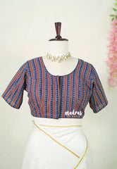 Indigo Blue - Aazhi - Pure cotton Ajrakh Readymade Stripes pattern Blouse with High Neck | summer friendly | suitable for cotton | Mul cotton sarees