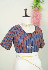 Indigo Blue - Aazhi - Pure cotton Ajrakh Readymade Stripes pattern Blouse with High Neck | summer friendly | suitable for cotton | Mul cotton sarees