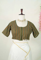 Olive Green - Aazhi - Pure cotton Ajrakh Readymade Stripes pattern Blouse with High Neck | summer friendly | suitable for cotton | Mul cotton sarees