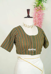 Olive Green - Aazhi - Pure cotton Ajrakh Readymade Stripes pattern Blouse with High Neck | summer friendly | suitable for cotton | Mul cotton sarees
