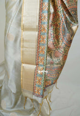 Soft Dove Grey - Roopa - Premium Chappa semi Tussar with Madhupani Prints - Perfect for Small Functions