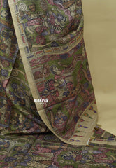 Olive Green - Roopa  - Premium Tussar Silk with Kalamkari Depiction