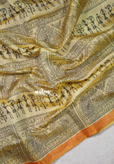 Sandal Beige with Mustard orange - Roopa - Premium Chappa semi Tussar Tissue Blend with Warli Prints - Perfect for Small Functions