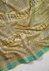 Sandal Beige with Teal - Roopa - Premium Chappa semi Tussar Tissue Blend with Warli Prints - Perfect for Small Functions