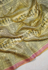 Sandal Beige with Pink - Roopa - Premium Chappa semi Tussar Tissue Blend with Warli Prints - Perfect for Small Functions