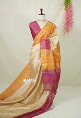 Sandal Beige with Pink - Roopa - Premium Chappa semi Tussar with Ganga Jamuna Border - Perfect for Small Functions