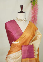 Sandal Beige with Pink - Roopa - Premium Chappa semi Tussar with Ganga Jamuna Border - Perfect for Small Functions