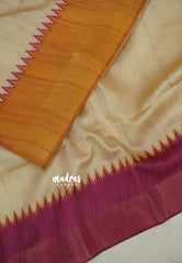 Sandal Beige with Pink - Roopa - Premium Chappa semi Tussar with Ganga Jamuna Border - Perfect for Small Functions