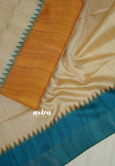 Sandal Beige with Blue - Roopa - Premium Chappa semi Tussar with Ganga Jamuna Border - Perfect for Small Functions