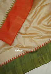 Sandal Beige with Green - Roopa - Premium Chappa semi Tussar with Ganga Jamuna Border - Perfect for Small Functions