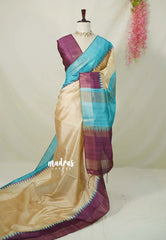 Sandal Beige with Wine Purple - Roopa - Premium Chappa semi Tussar with Ganga Jamuna Border - Perfect for Small Functions
