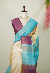 Sandal Beige with Wine Purple - Roopa - Premium Chappa semi Tussar with Ganga Jamuna Border - Perfect for Small Functions