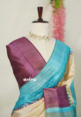 Sandal Beige with Wine Purple - Roopa - Premium Chappa semi Tussar with Ganga Jamuna Border - Perfect for Small Functions