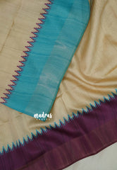 Sandal Beige with Wine Purple - Roopa - Premium Chappa semi Tussar with Ganga Jamuna Border - Perfect for Small Functions