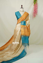 Sandal Beige with Blue - Roopa - Premium Chappa semi Tussar with Ganga Jamuna Border - Perfect for Small Functions